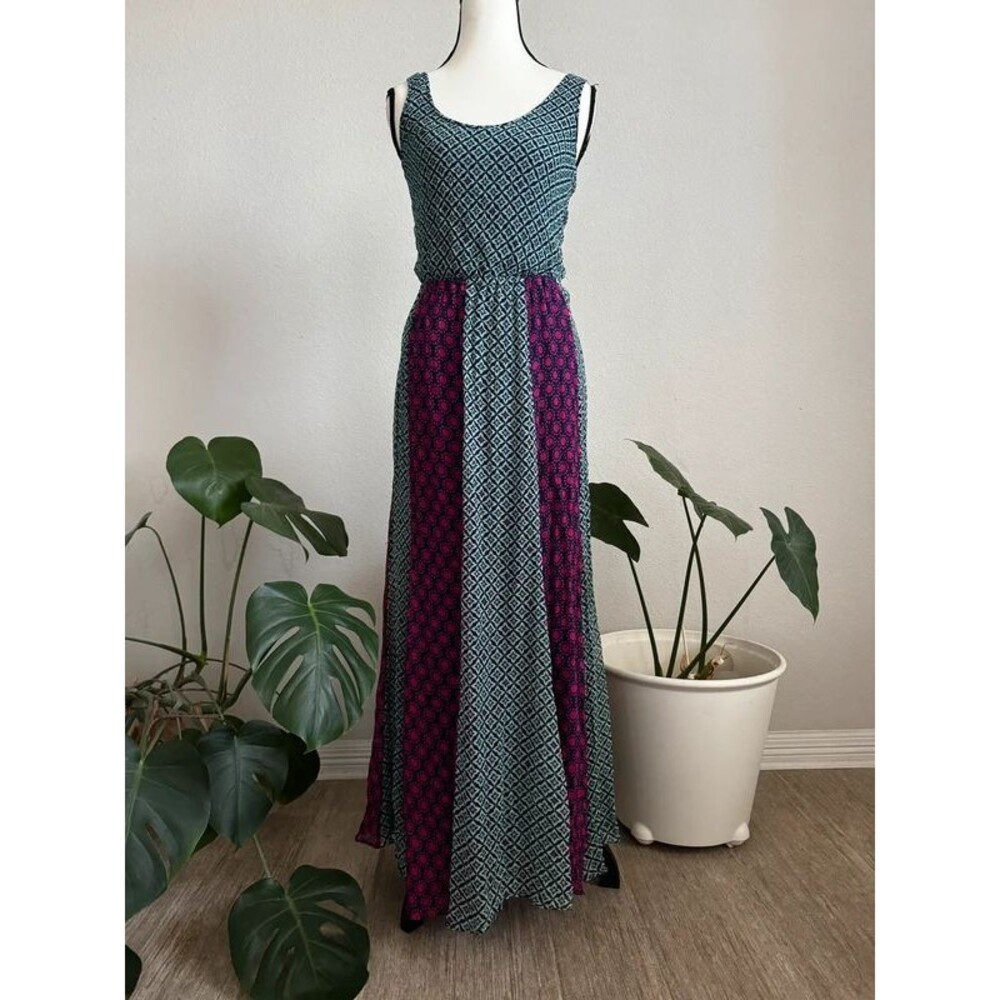 Ella Moss 100% Silk Maxi Dress XS Mixed Print Boho Elastic Waist Sleeveless